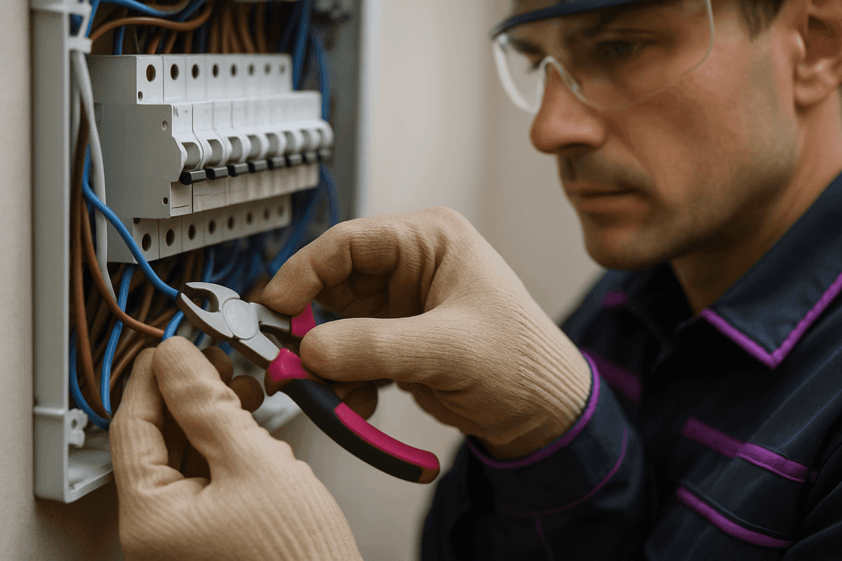 Close-up of electrician’s gloved hands connecting wires inside a modern electrical panel